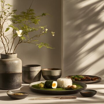 Hush of ambient shimmer open scene around malaysian nasi dagang offering gentle interplay of muted tone measured atmospheric depth Small tonal movement weave through detail building layered sense of