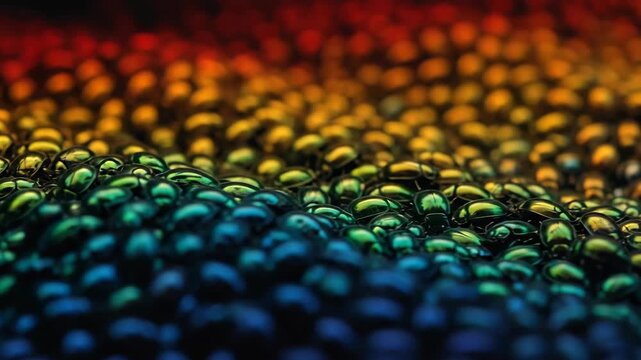 Macro View of Iridescent Beetle Shells in Rainbow Gradient.