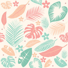 Fototapeta premium Seamless pastel tropical pattern with stylized monstera, palm and exotic leaves with small flowers. Minimal modern botanical background in soft colors. Perfect for textile, fabric and wallpaper