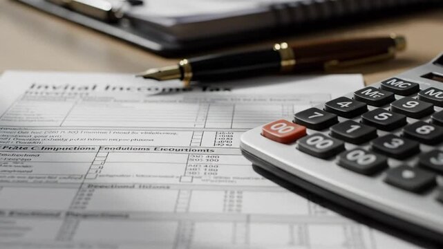 Close-up of a calculator, pen, and tax form on a desk, representing tax season financial preparation.
