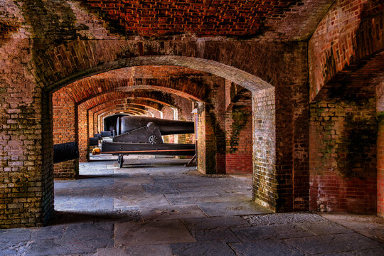 Explore the Historic Artillery: Vintage Cannon Inside Fortified Brick Vaults, Fort Zachary Taylor, Key West, Florida, USA
