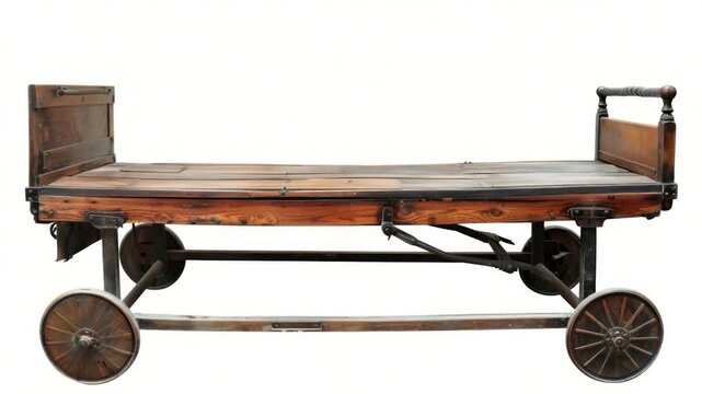 Video A simple wooden bed sits atop an old-fashioned wooden cart, ready for transport or storage