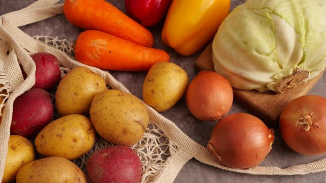 Colorful fresh carrots, bell peppers, cabbage, potatoes, onions & mesh bag on grey, ready for a healthy meal.