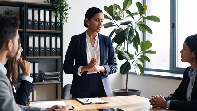 Professional indian businesswoman leads a focused tax season strategy meeting with colleagues in a bright, modern office.