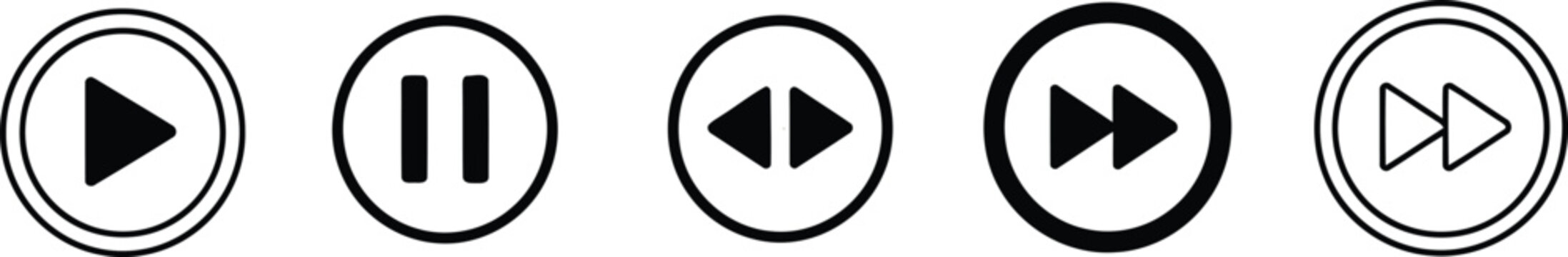A set of five circular media player control icons including play, pause, rewind and fast forward Vector