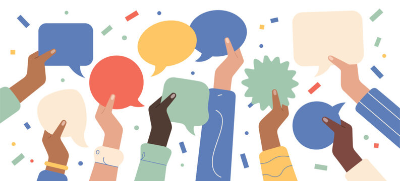 Colorful illustration of diverse hands holding speech bubbles representing communication dialogue community voices social interaction multicultural teamwork concept vibrant flat vector style