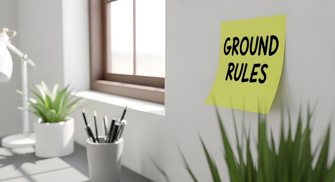 Bright home office sticky note with ground rules text on white wall near window and plants