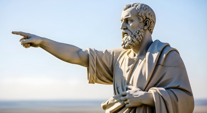 Ancient Roman philosopher statue pointing forward against clear blue sky, classical marble sculpture in daylight