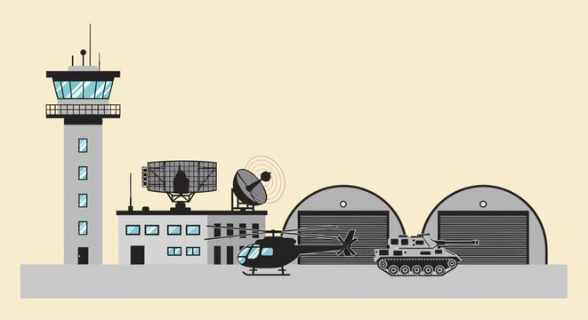 Military air traffic control tower, radar, helicopter, tank, and hangars on a base