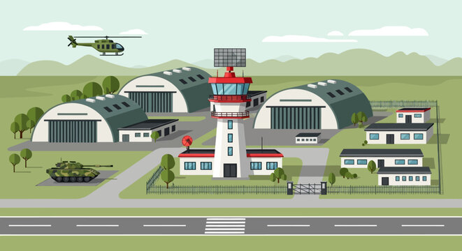 Military Airbase with Control Tower, Hangars, Helicopter, and Tank