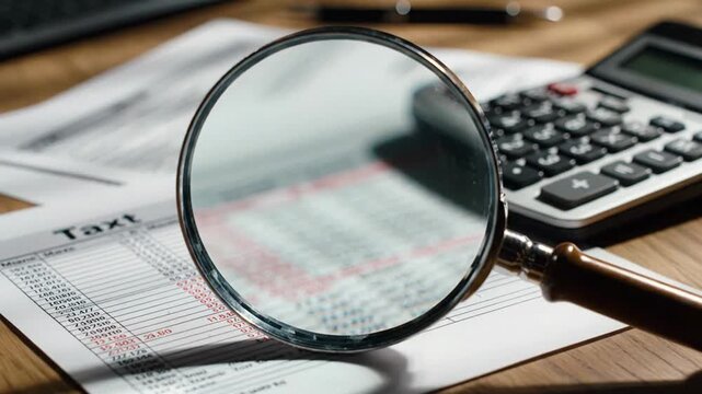 Magnifying glass examining tax forms and calculator on a desk, symbolizing financial review for tax season.