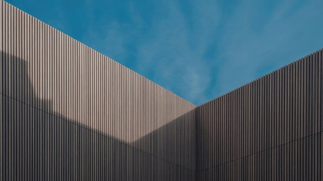 A modern building with a unique design under a blue sky
