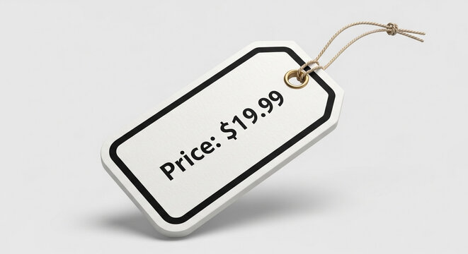 White price tag with black border and text on a white background indicating a product cost of 1999 for marketing or shopping concepts