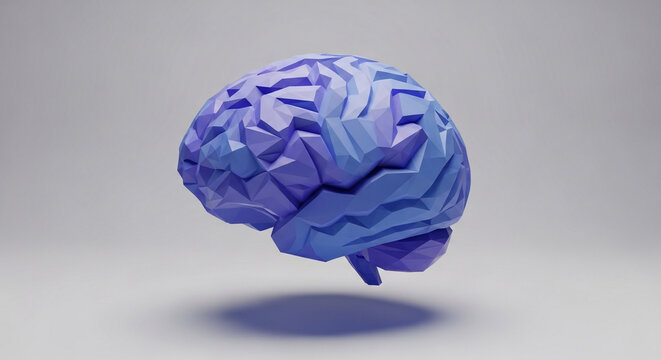 Stylized 3d low poly blue brain model floating in mid air with subtle shadow on gray background