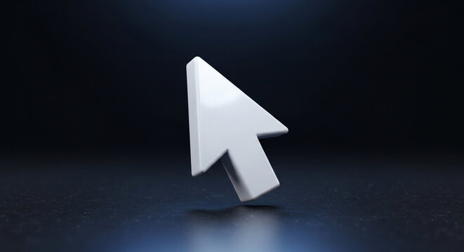White 3d cursor icon pointing right on dark background with subtle lighting effects and shadows