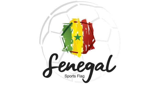 Abstract soccer ball sport icon label banner with Senegal national flag ribbon handwritten typography lettering