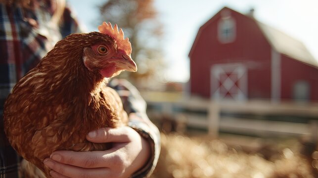 A person holding a brown chicken in front of a red barn on a farm