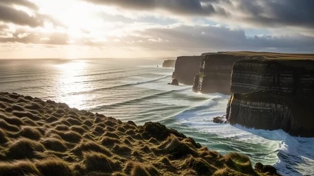 Waves crashing on rugged coastal cliffs.