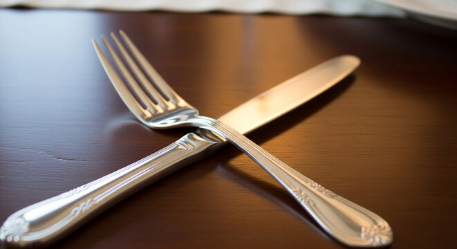 Silver fork and knife crossed on dark wooden table for dining or formal events
