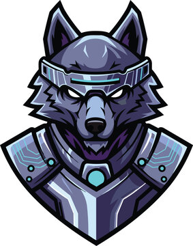 Stylized illustration of a blue futuristic wolf head with cybernetic elements