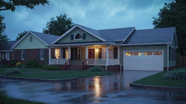 A cozy suburban house with a lit porch on a rainy evening