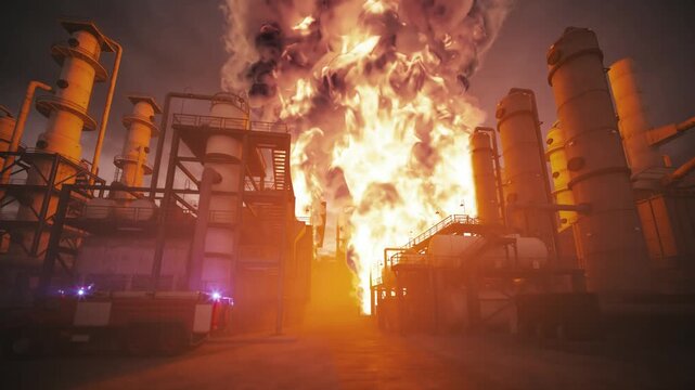 Industrial Plant Explosion &ndash; Massive Fire at Chemical Factory Disaster Scene