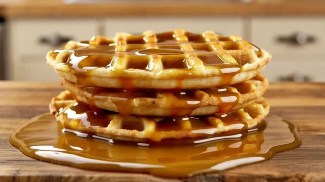 Stack of waffles on wooden table with syrup pouring and dripping, kitchen background, breakfast scene