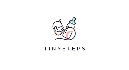 Fototapeta premium Minimalist baby logo with feeding bottle and stylized infant, perfect for brands focused on childcare, newborn products, and early development, offering a soft, curved, and nurturing aesthetic