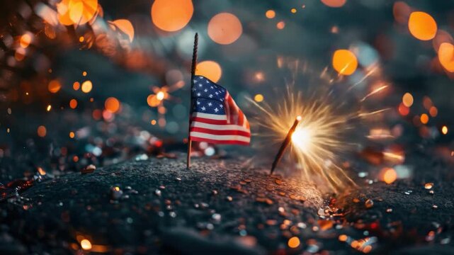 Video A small American flag with sparklers lit up in the background, perfect for patriotic celebrations and Independence Day themes