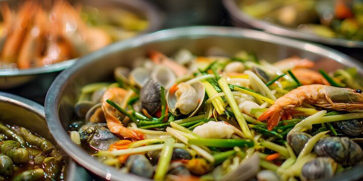 Vibrant medley of succulent seafood fragrant lemongrass accompanies popular street food Thailand of Spicy Seafood Som Tam flavored tangy fish sauce clean professional stock photo sharp macro