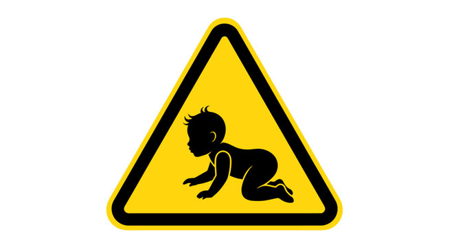 Warning sign with a silhouette of a baby crawling inside a yellow triangle, symbolizing danger or caution related to children