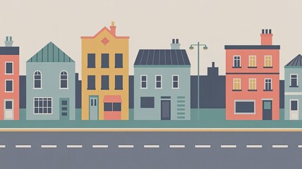 Obraz premium A colorful illustration of a quiet suburban street with various houses