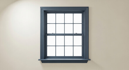 Fototapeta premium Dark Blue Sash Window Frame On Beige Minimalist Interior Wall Mockup