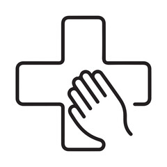 Fototapeta premium Medical Cross with Helping Hand Icon, Concept of Healthcare Support, First Aid Assistance and Patient Care, Linear Vector Illustration