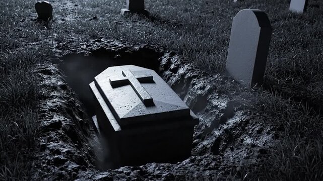 A solemn burial scene with a coffin being lowered into a grave surrounded by headstones in a dark cemetery.