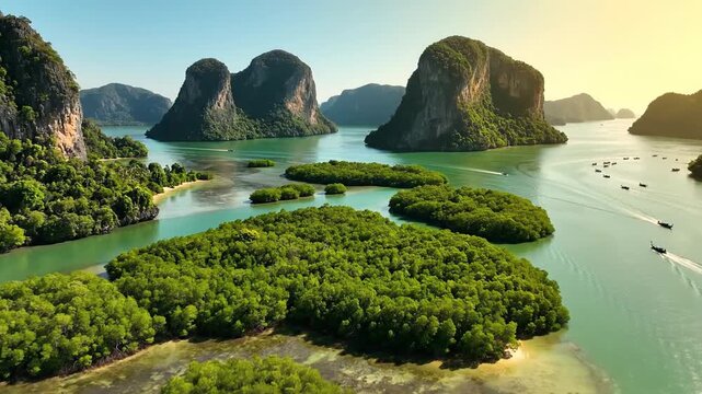 Scenic aerial view of tropical islands with lush green forests and limestone karsts in turquoise water