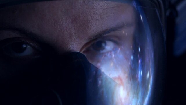 close up of astronaut eyes with galaxy reflection in helmet