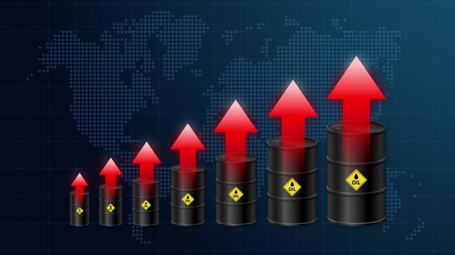Rising crude oil prices and energy crisis concept with stacked barrels and red upward arrows over a dotted world map background. Illustrating fuel inflation, increasing costs, and market volatility