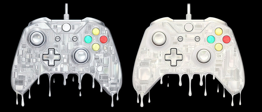 Surreal deformed gaming controller dripping with iridescent liquid, absurd melting tech