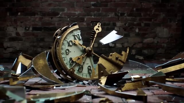 Broken clock shatters on brick floor with scattered pieces against a dark brick wall background, symbolizing time's destruction