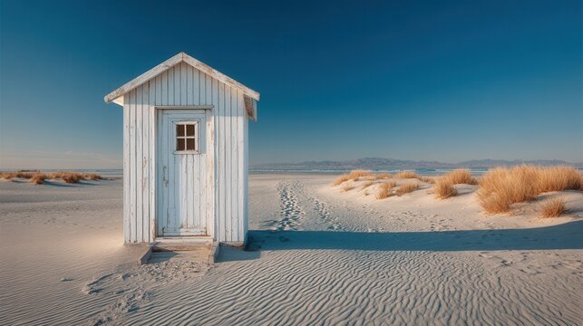 A small white wooden hut stands alone in a vast desert landscape with sand and dry grass