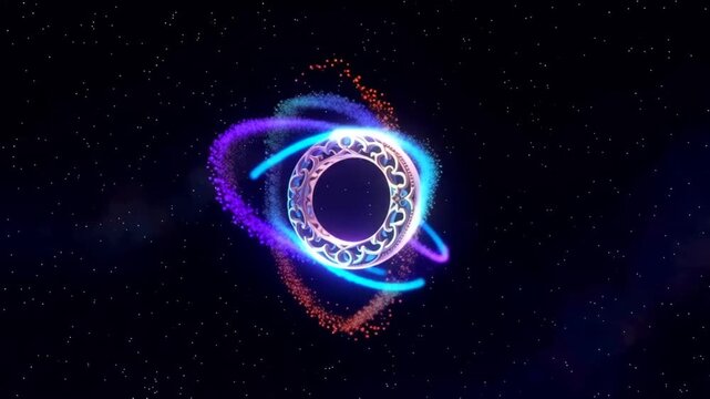 Colorful glowing orb with swirling rainbow lights against a starry night sky background for technology or space concepts