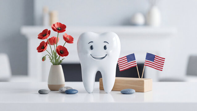 Smiling tooth model displayed with american flags and red poppies on wooden base. Patriotic dental health symbol for memorial day celebration. Fun oral care and remembrance concept in neutral