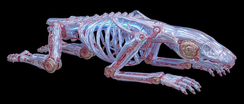Surreal melting sceleton beast dripping iridescent liquid, psychedelic tech absurdity