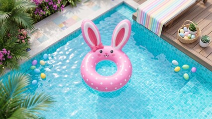Fototapeta premium Pink inflatable bunny float in turquoise swimming pool surrounded by colorful Easter eggs. Spring holiday celebration and aquatic summer fun concept. Seasonal outdoor poolside relaxation with