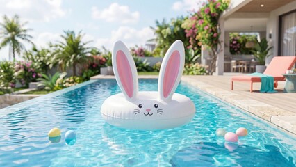 Fototapeta premium Inflatable rabbit float drifting in turquoise swimming pool with colorful easter eggs. Tropical outdoor poolside scene evoking spring holiday fun and summer vacation relaxation at resort villa. Sunny