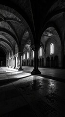 Obraz premium Monochromatic grandeur, capturing a cathedral's stone arches and illuminated space