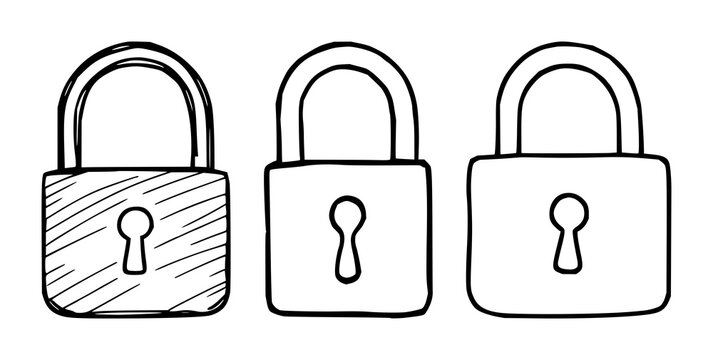 Lock open access icon set with simple geometric outline design featuring lock, keyhole, open silhouette, security with user interface and navigation