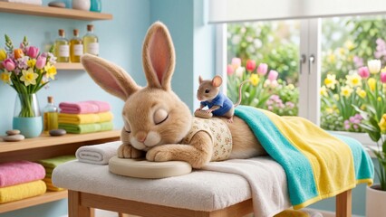 Fototapeta premium Rabbit relaxing on massage table as mouse gives back rub in sunny spa room. Cozy animal wellness scene with tulips flowers shelves and garden view. Relaxation therapy concept for spring holidays