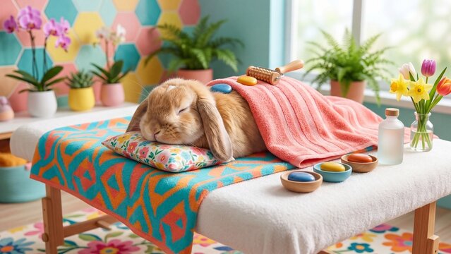 Cute orange rabbit receiving spa massage on colorful table. Relaxed bunny wrapped in towel with hot stones and roller. Animal wellness and pampering concept for relaxation themes